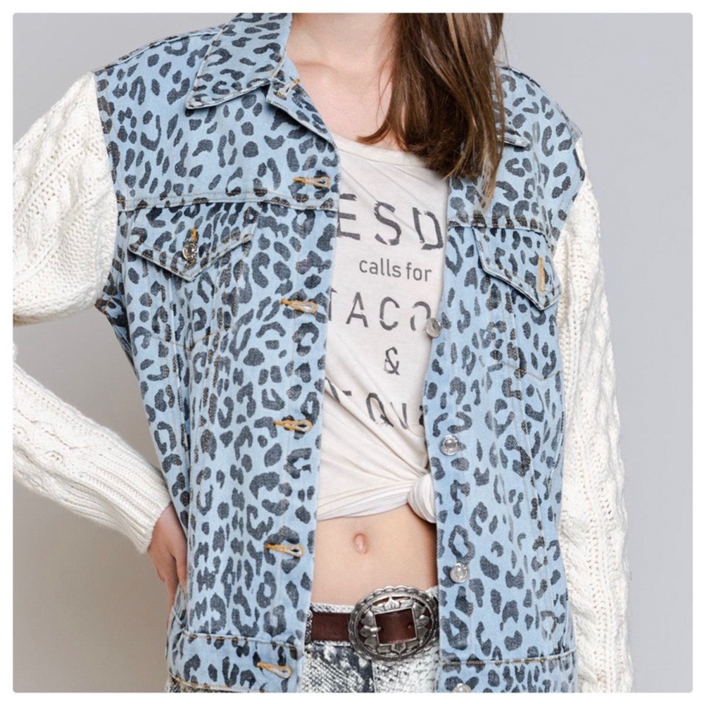 POL Snow Leopard Denim & Cable Knit Jacket - Picture 2 of 13